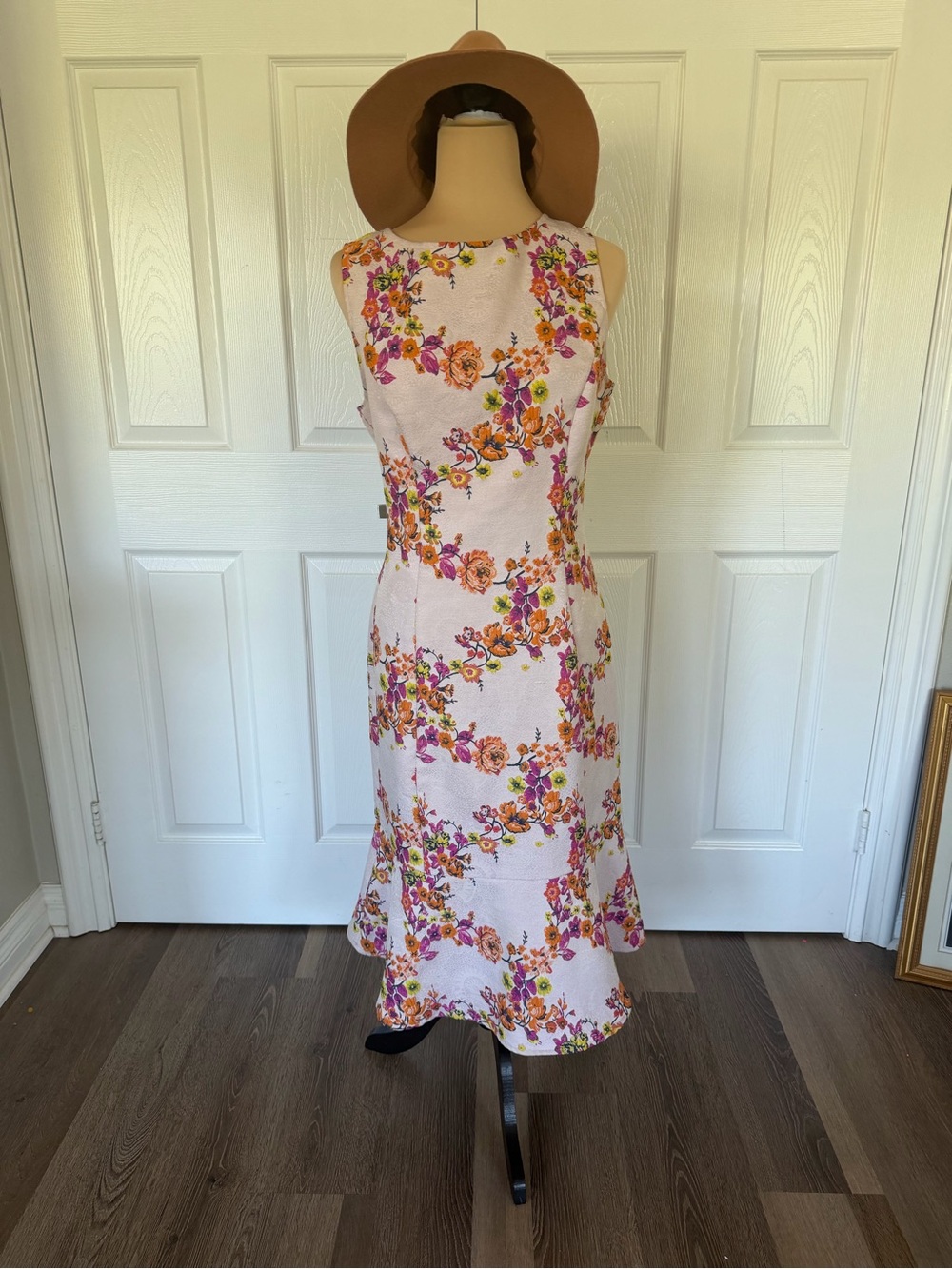 Floral Sleeveless Pink Midi Dress with Orange Accents